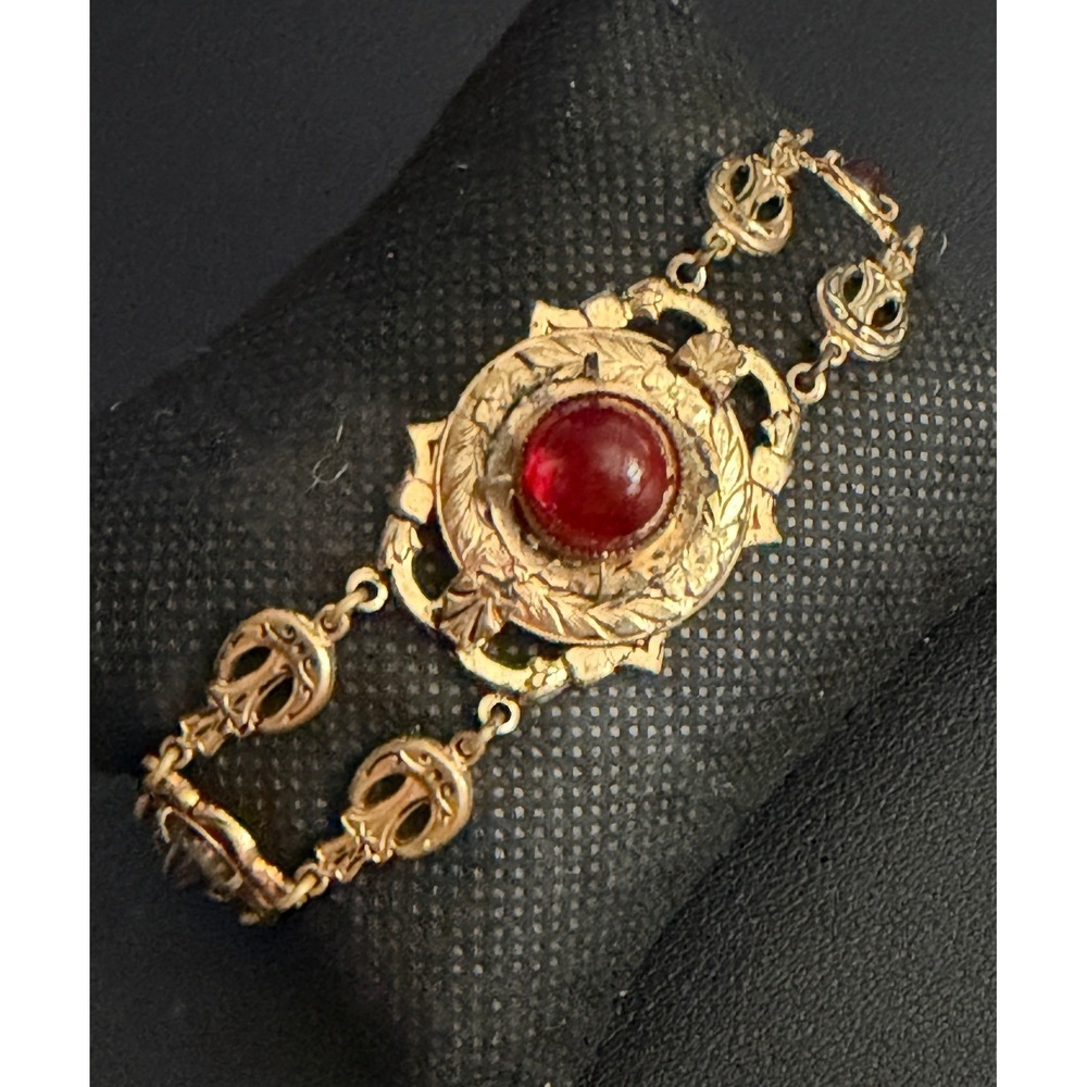 Vintage Bracelet Victorian Revival Gold Tone Red Filigree